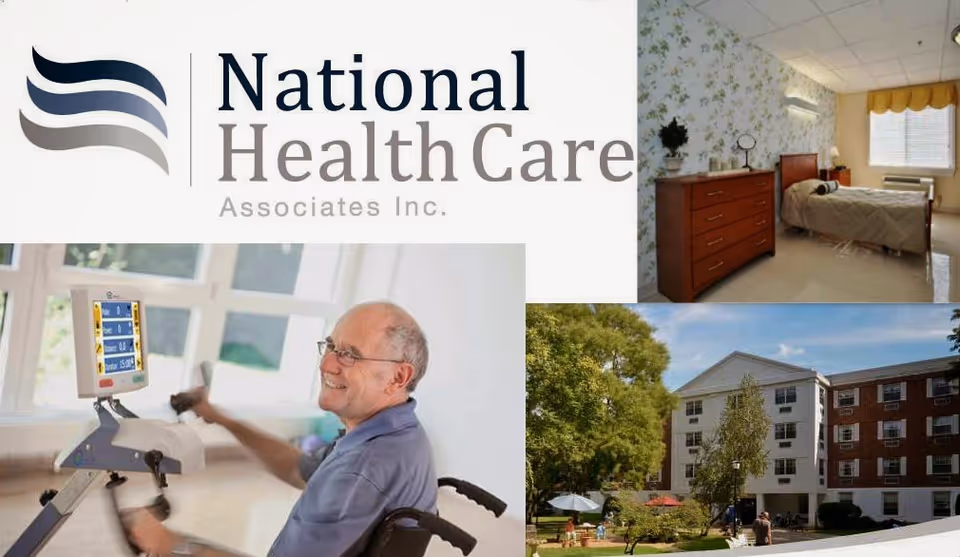 Collage showing National Health Care logo, a bedroom, a senior on exercise equipment, and building exterior
