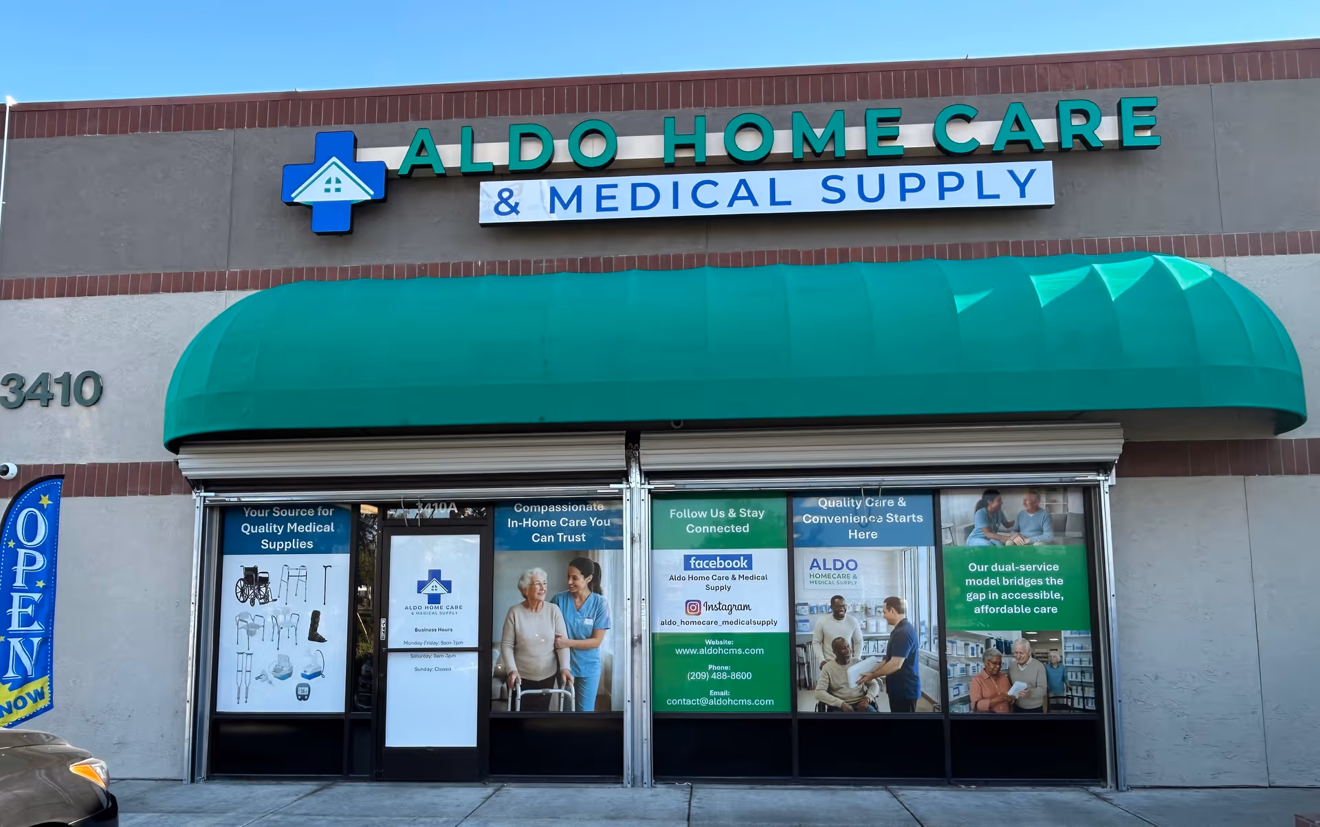 Storefront of Aldo Home Care & Medical Supply with a green awning