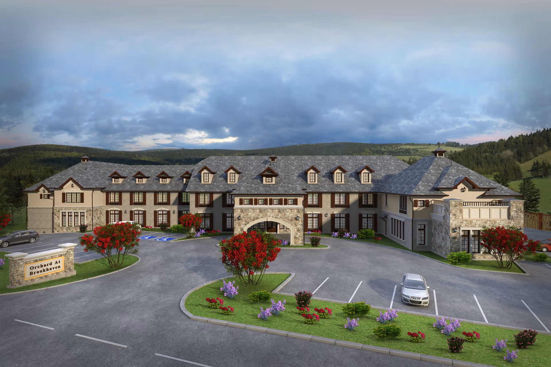 Exterior view of a large senior living campus with a circular drive and landscaped grounds.