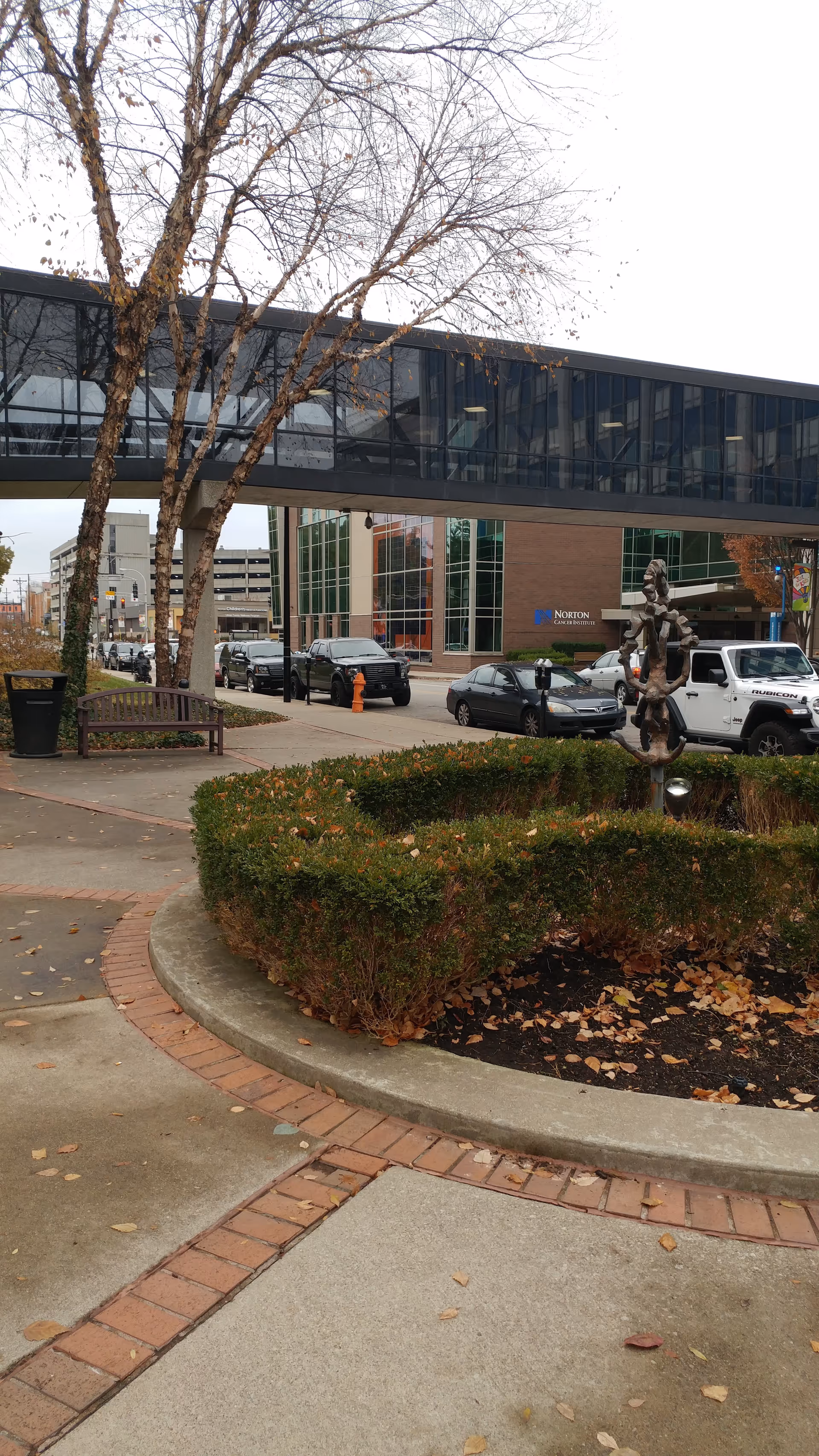 Outdoor courtyard with brick walkway, hedges, bench, and a pedestrian bridge near a modern building.