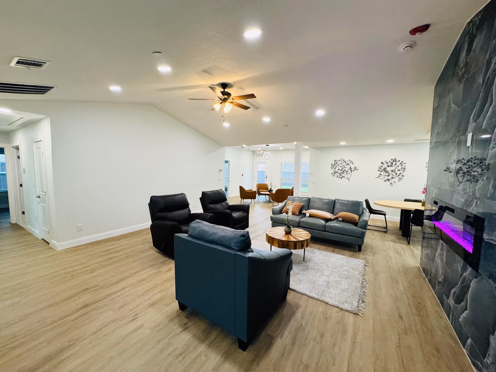 Spacious senior living lounge with multiple seating areas, coffee table, rug, and modern fireplace