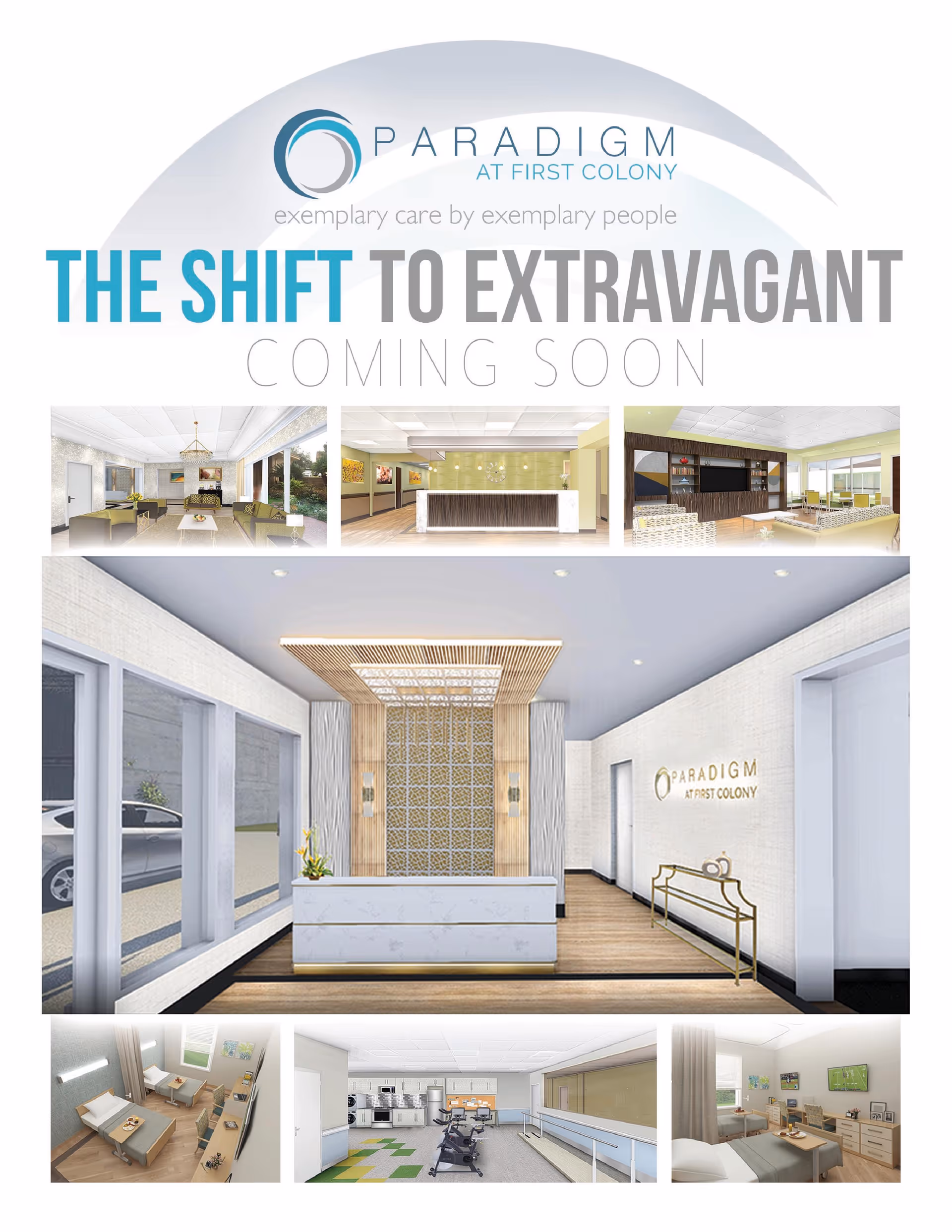 Promotional collage for Paradigm at First Colony featuring interior renderings of a senior living facility including a reception area, lounge, dining area, fitness room, and bedrooms with modern furnishings and decor.