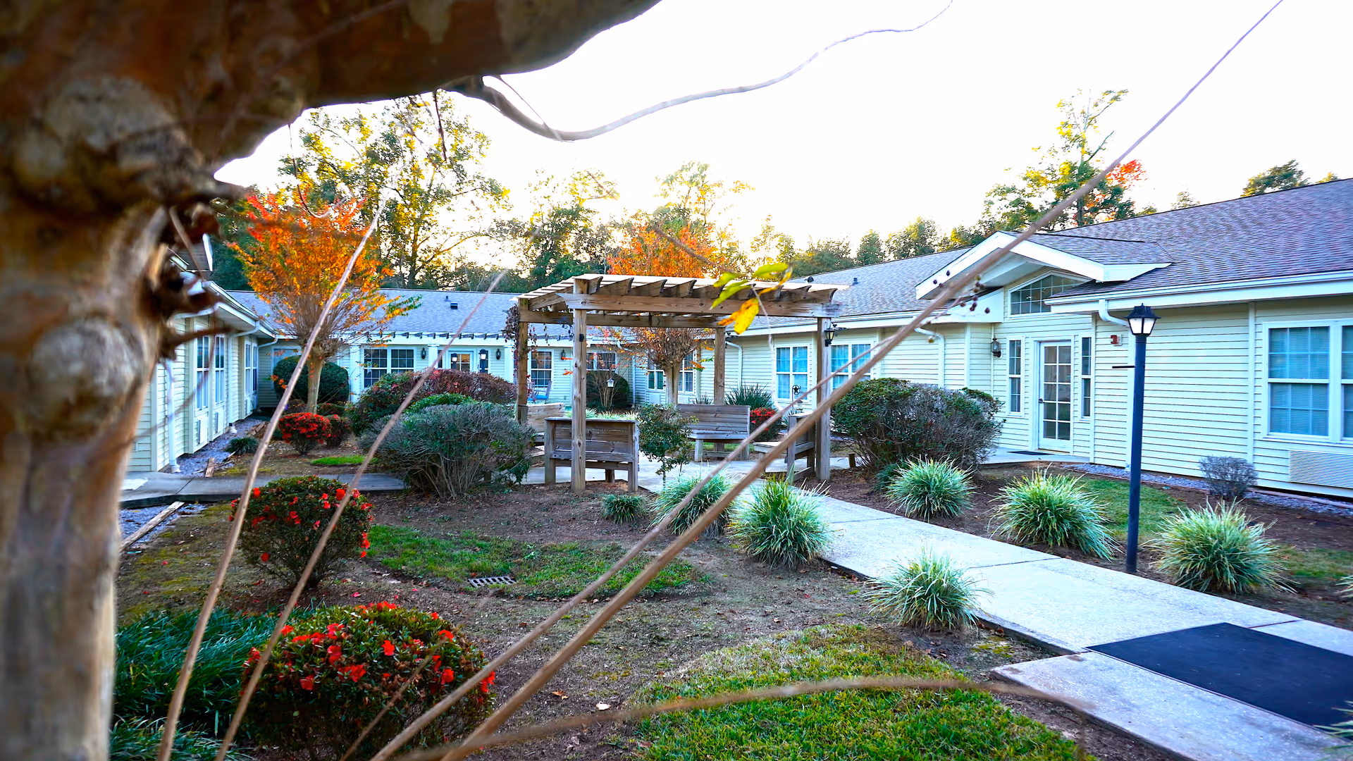 Outdoor courtyard area of a senior living facility with a wooden pergola, benches, shrubs, and a concrete walkway surrounded by single-story buildings with light-colored siding and multiple windows.