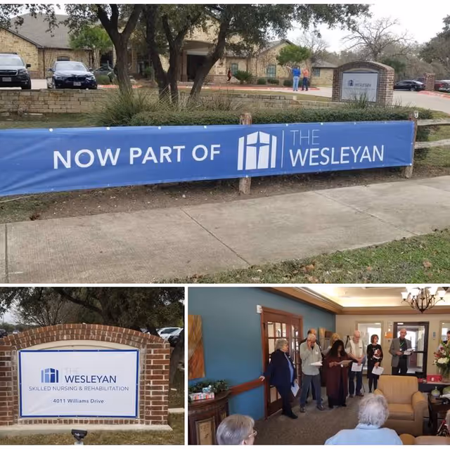 Collage of three images showing The Wesleyan Skilled Nursing & Rehabilitation facility. The top image shows a blue banner on a fence that reads 'NOW PART OF THE WESLEYAN' with the facility building and parked cars in the background. The bottom left image shows a brick sign with the facility name and address: 'THE WESLEYAN SKILLED NURSING & REHABILITATION 4011 Williams Drive.' The bottom right image shows a group of people standing and sitting in a common area inside the facility, engaged in conversation or an event.