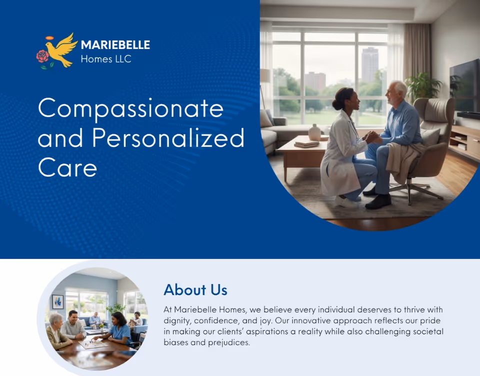 A caregiver talks with an elderly man in a bright, comfortable living room.