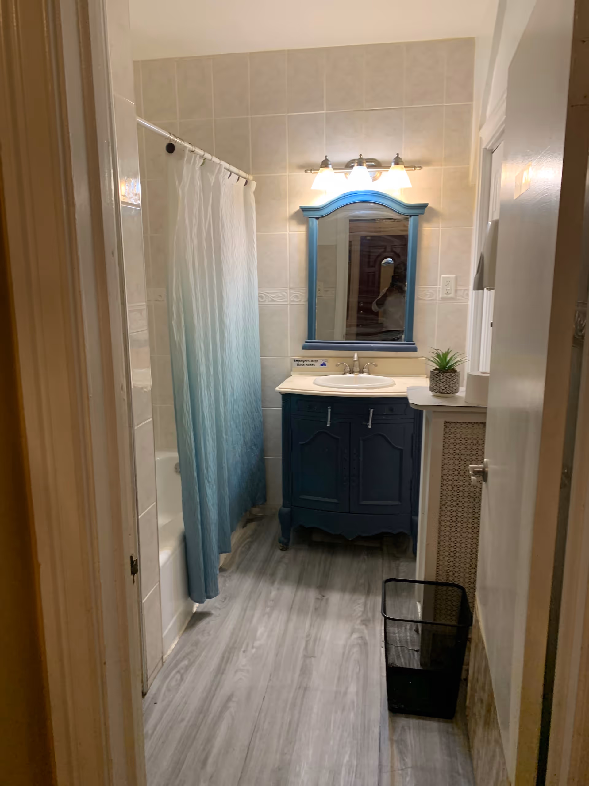 Small bathroom with a blue vanity, mirror, and blue shower curtain.