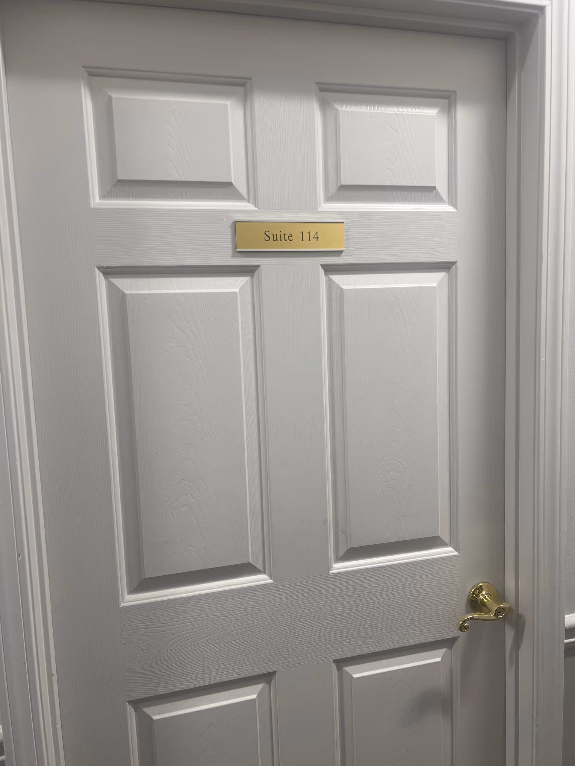 White six-panel interior door with gold Suite 114 plaque.