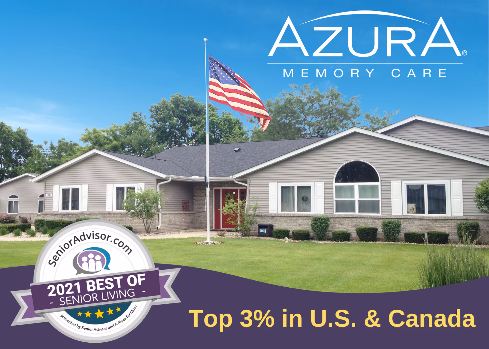 Front exterior of Azura Memory Care Beloit with flagpole and lawn.