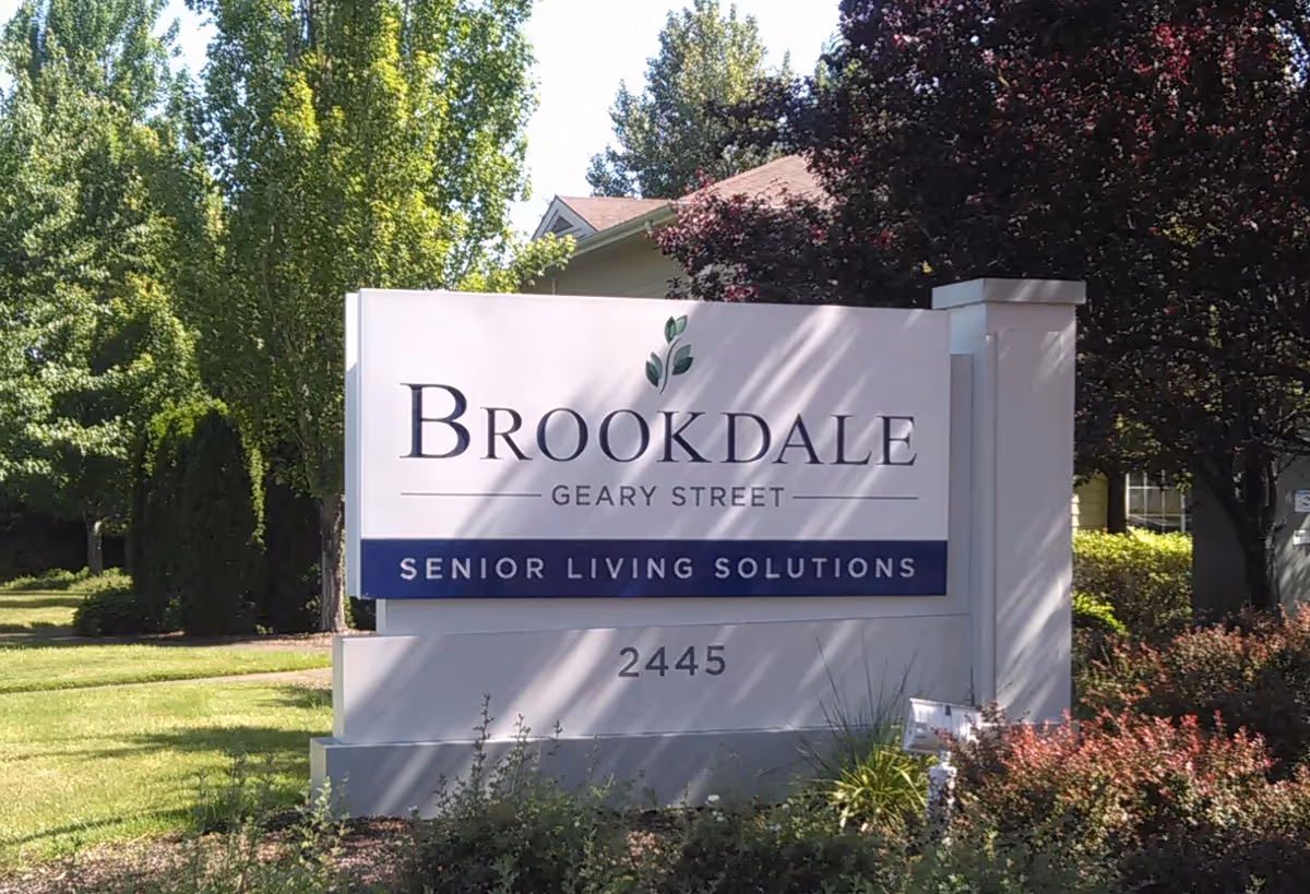 Brookdale Geary Street senior living sign in front of landscaped area