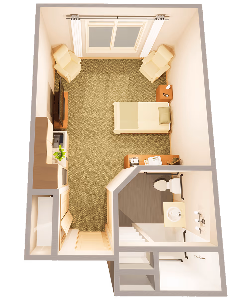 Top-down view of a small assisted living apartment featuring a single bed with a pillow and blanket, two armchairs near a window with curtains, a TV on a stand, a kitchenette with a sink and microwave, and a bathroom with a toilet, sink, and shower equipped with grab bars.