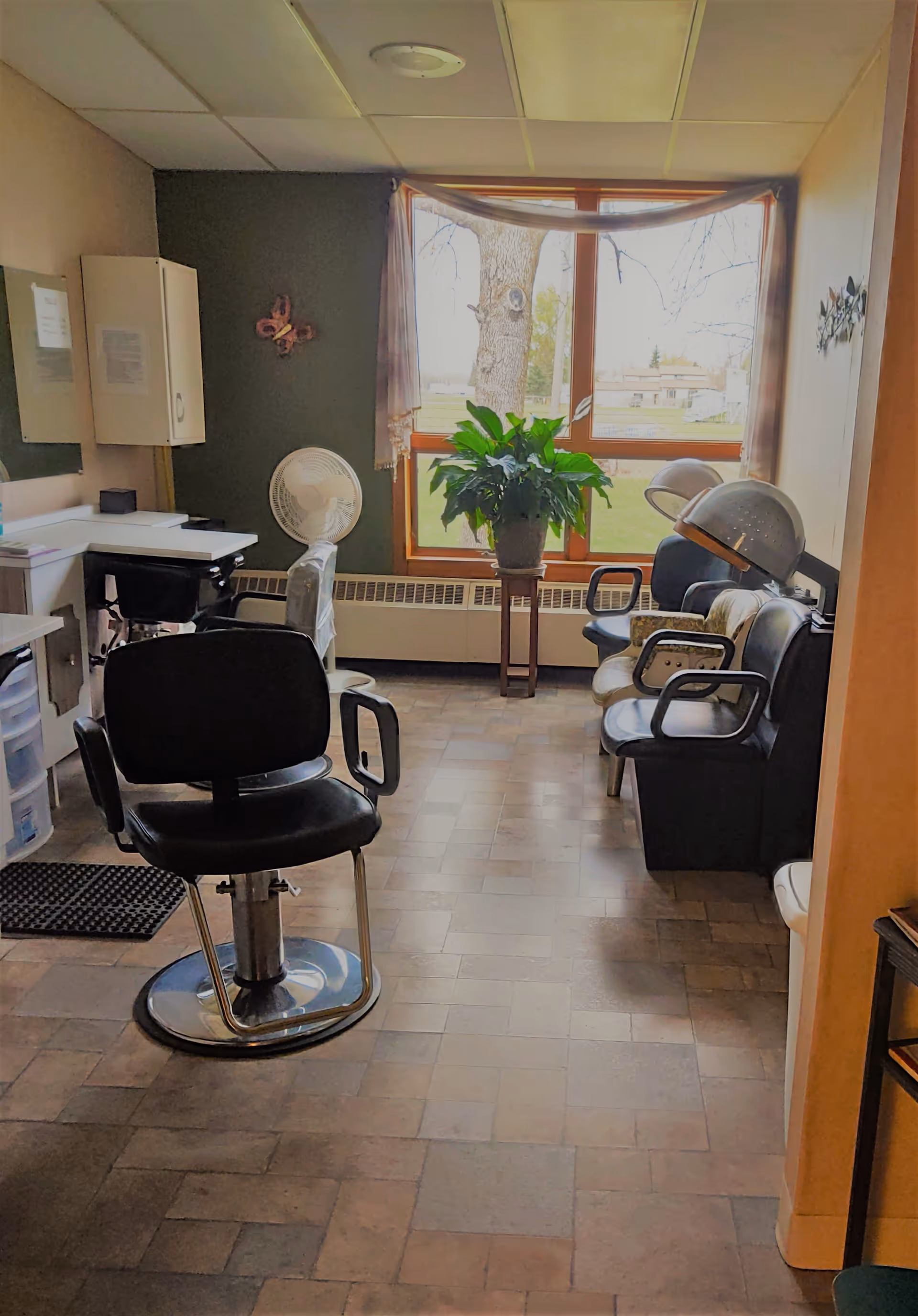 Interior of a hair salon area in a senior living facility with a black salon chair in the foreground, a white fan, a plant on a stand in front of a large window, and two hair drying chairs along the right wall.