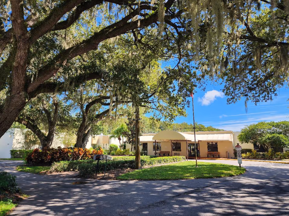 Single-story building entrance with an awning, flagpole and benches, surrounded by large oak trees draped in Spanish moss and a circular driveway.