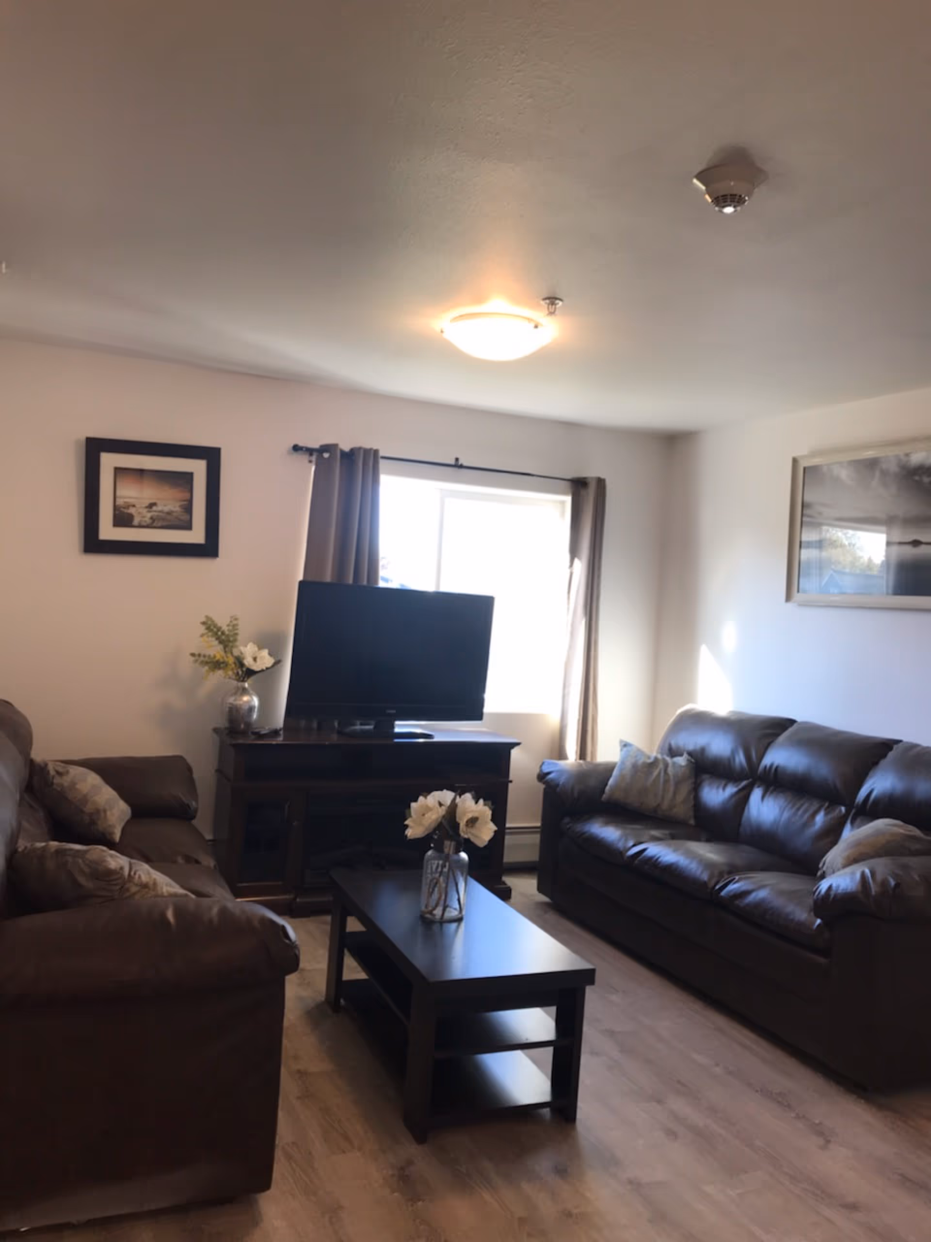 Cozy living room with brown sofas, coffee table, TV, and window with curtains.