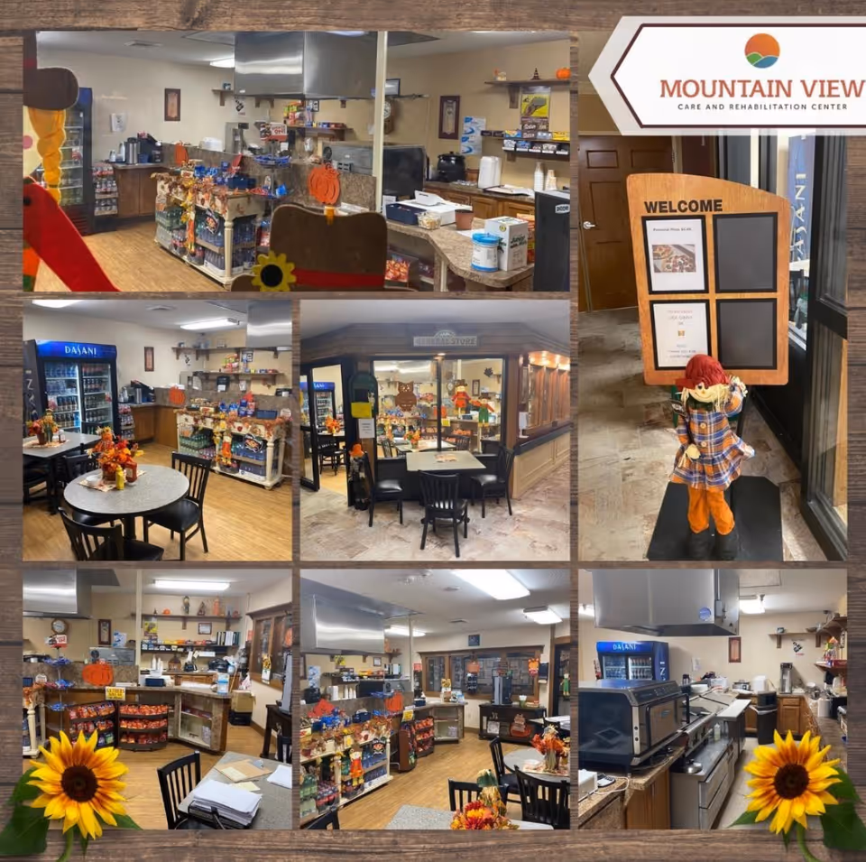 Collage of images showing the interior of a small general store or snack area inside Mountain View Care Center. The space includes shelves stocked with snacks and drinks, tables and chairs for seating, a refrigerator with beverages, a kitchen area with appliances, and a welcome sign with a scarecrow decoration. The area is decorated with autumn-themed items like pumpkins and sunflowers.