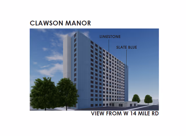 Exterior rendering of a tall multi-story facility labeled Clawson Manor, with trees and blue sky.