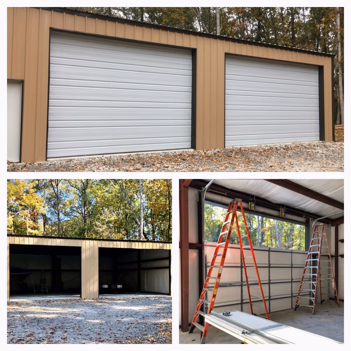 Brown metal storage building with twin roll-up doors and two open bays nearby.