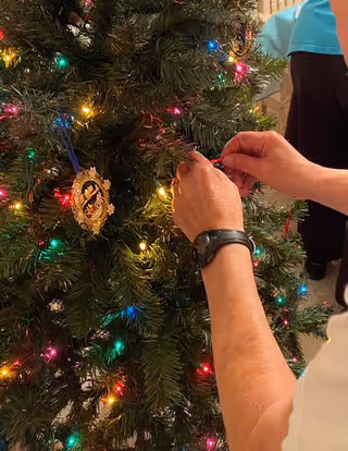 A pair of hands decorates a Christmas tree with colorful lights indoors.