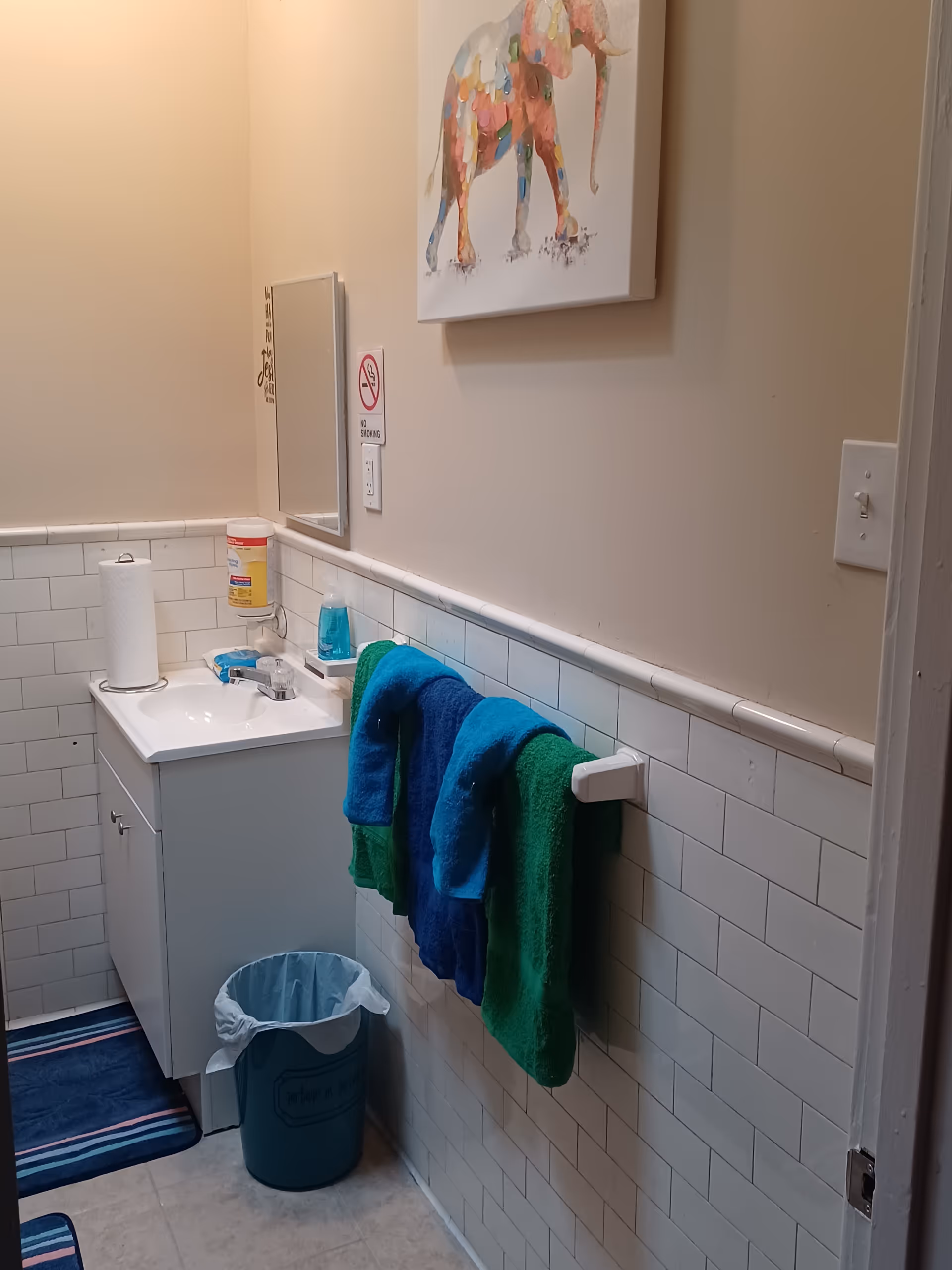 Small bathroom with sink, colorful towels, tiled wall, trash can, and elephant artwork.