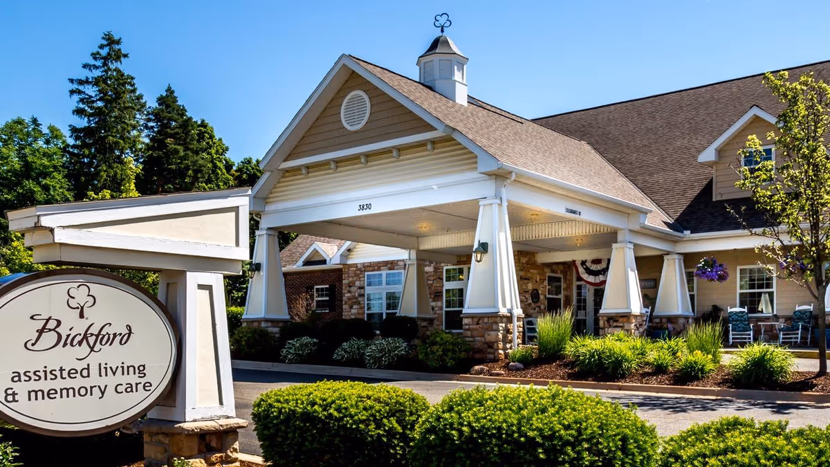 Bickford assisted living building with covered entrance and front sign.