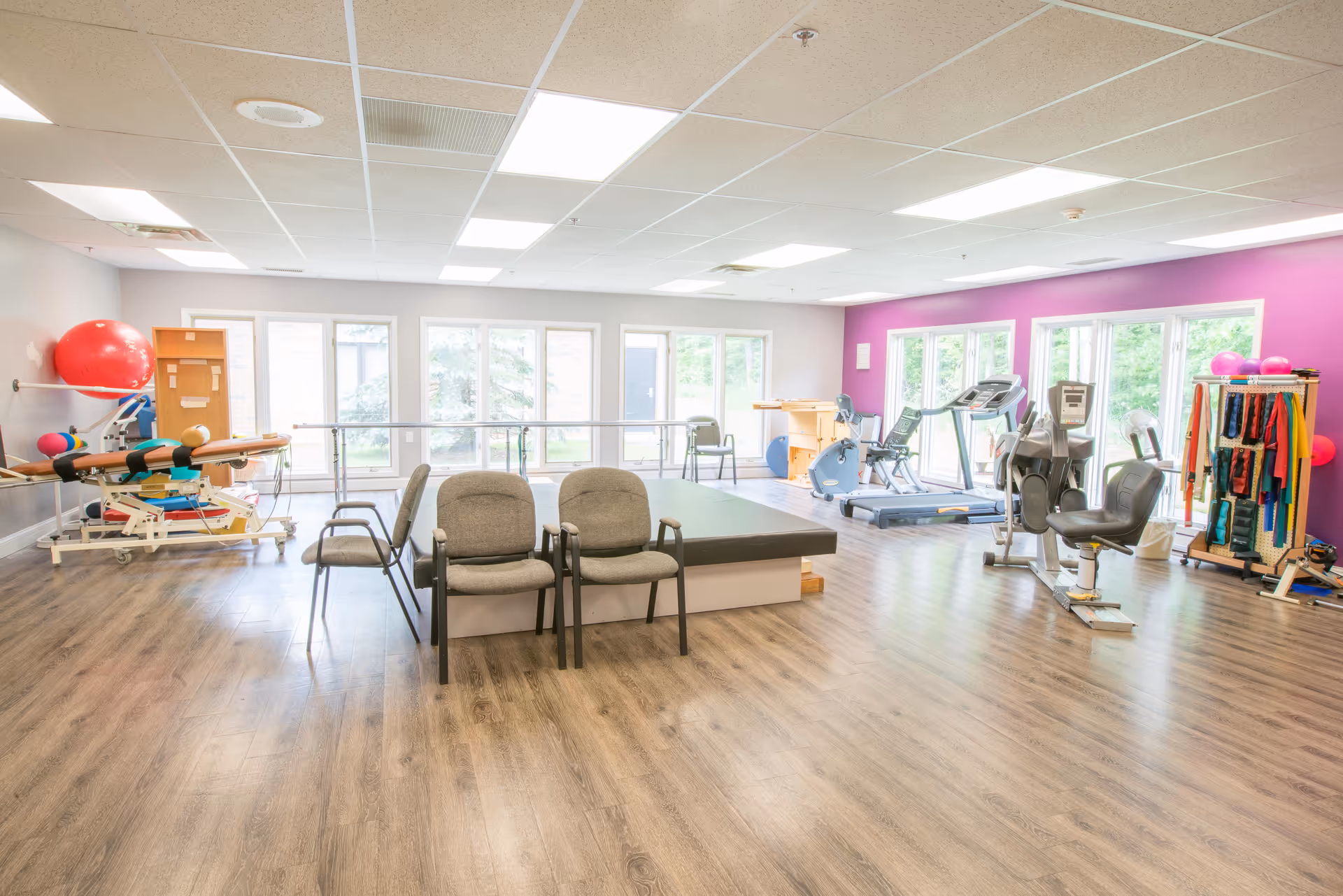 A bright and spacious physical therapy or exercise room with wood flooring, large windows letting in natural light, and various exercise equipment including treadmills, stationary bikes, therapy tables, exercise balls, and resistance bands. There are also several chairs and a purple accent wall.