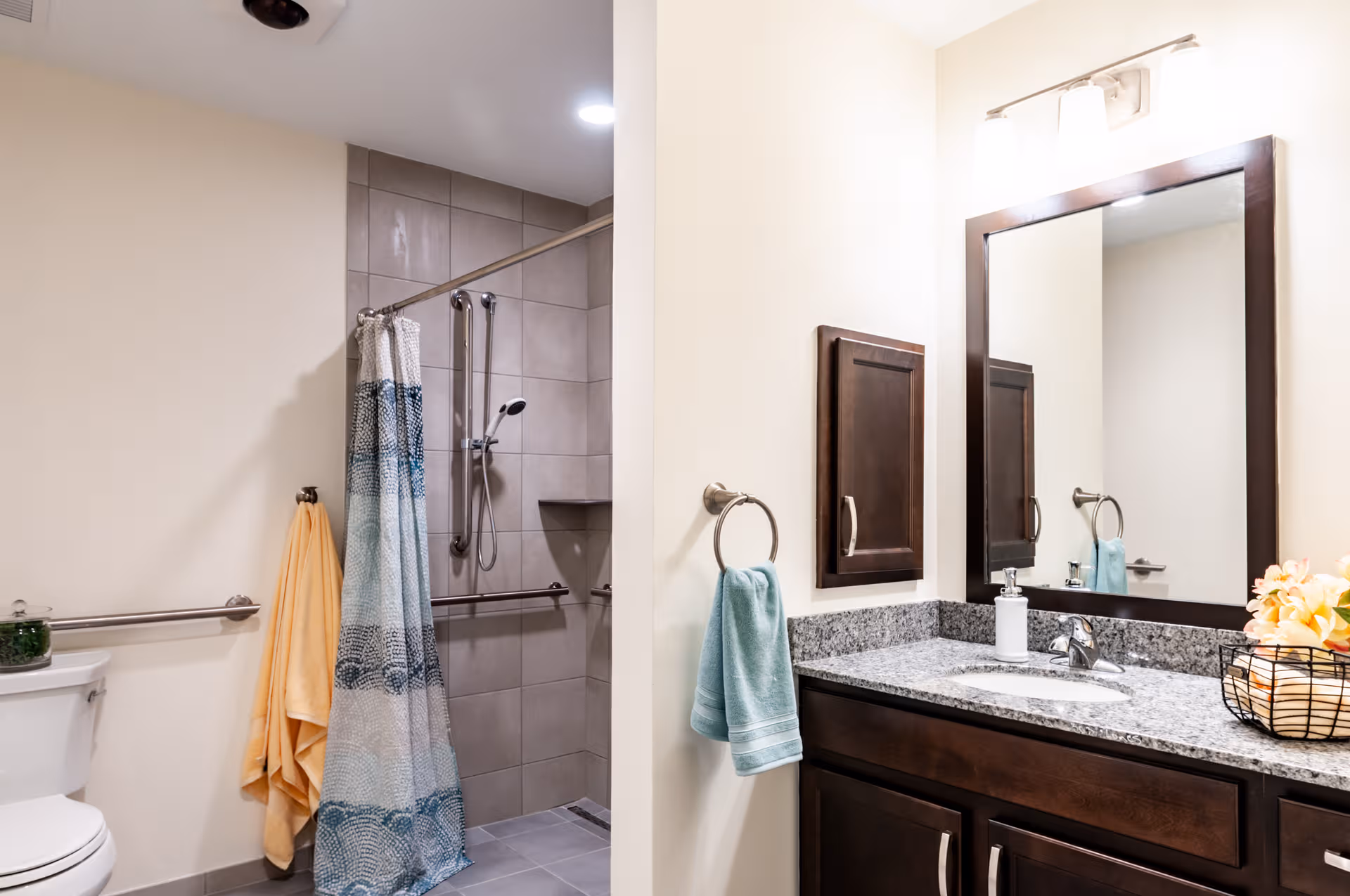 Senior living facility bathroom with shower, toilet, grab bars, and granite countertop vanity.