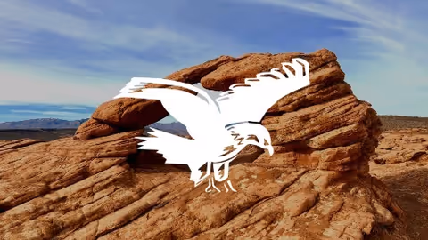 Desert rock formation beneath a blue sky with a white eagle silhouette.