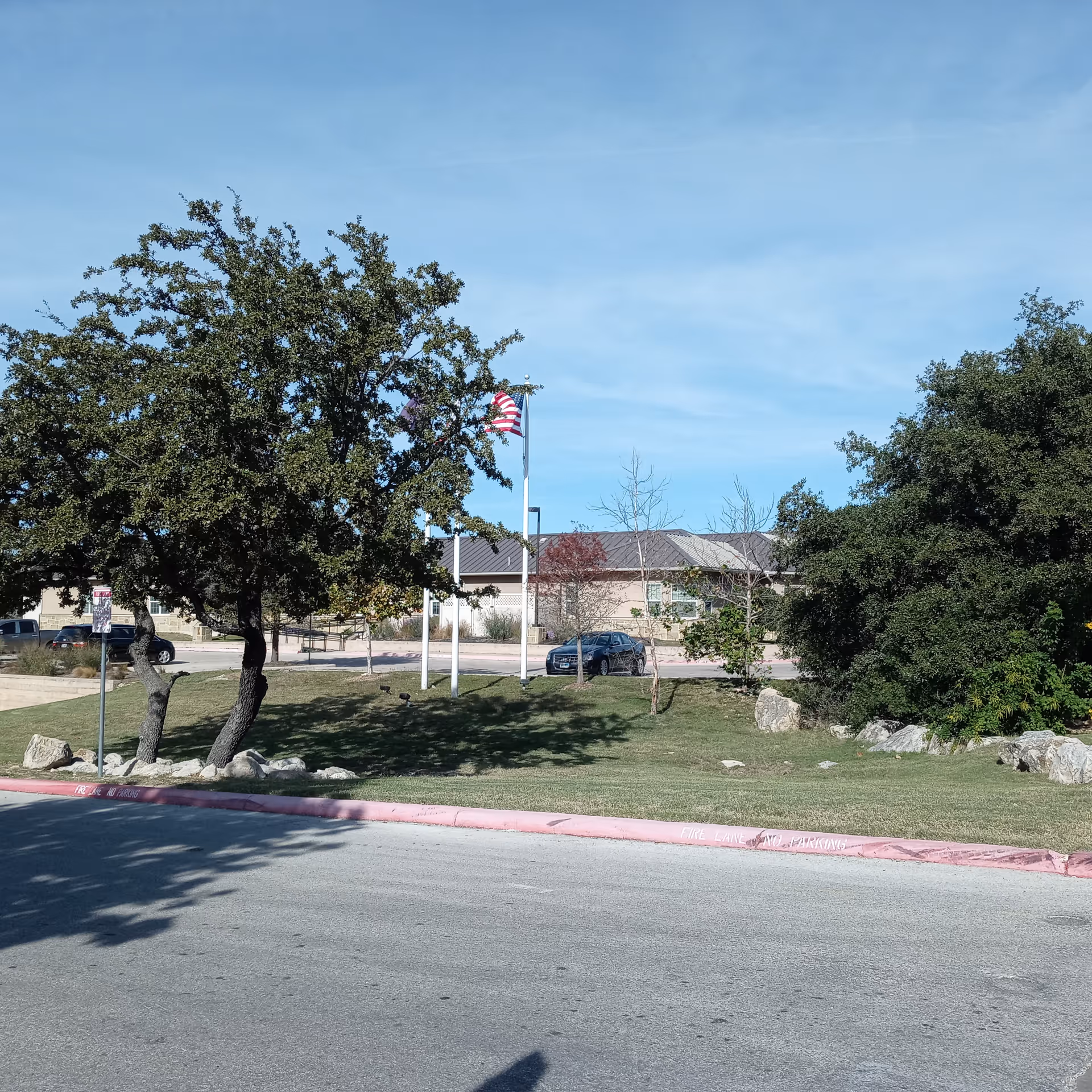 Outdoor area with trees, rocks, flagpole, and a building in the background.