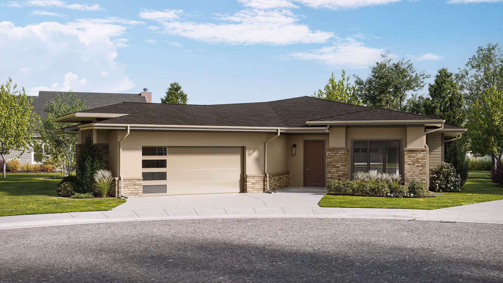 Front view of a single-story senior living facility with a two-car garage and landscaped yard.