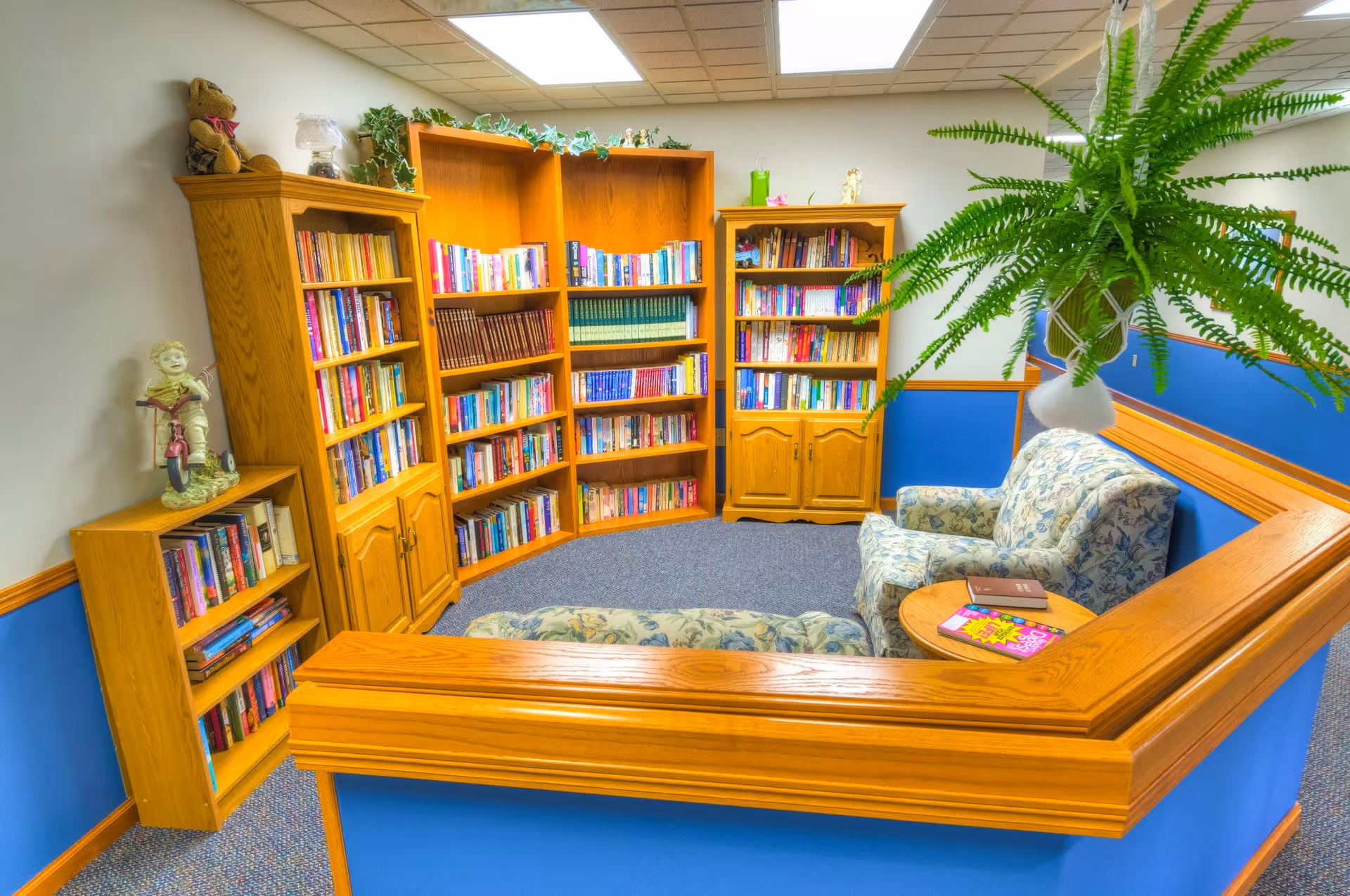 A cozy reading nook in a senior living facility featuring wooden bookshelves filled with books, two floral upholstered armchairs, a small round wooden table with books on it, and a large green fern plant hanging above. The walls are painted blue with wooden trim, and the floor is carpeted.