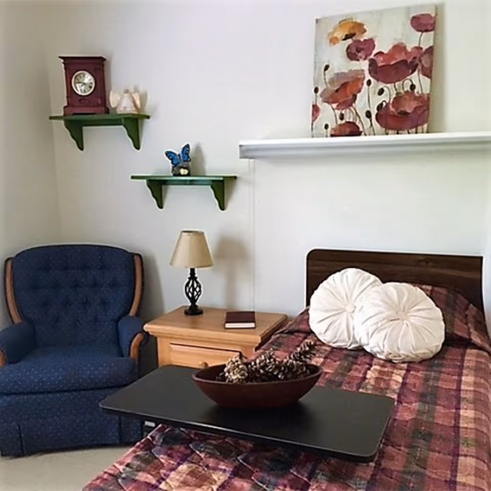 A cozy bedroom featuring a single bed with a plaid bedspread and two round white pillows. Next to the bed is a wooden nightstand with a small lamp and a book. A blue upholstered armchair is positioned beside the nightstand. Two green wall shelves hold decorative items including a clock, a butterfly figurine, and a small vase. Above the bed is a painting of red and orange flowers.