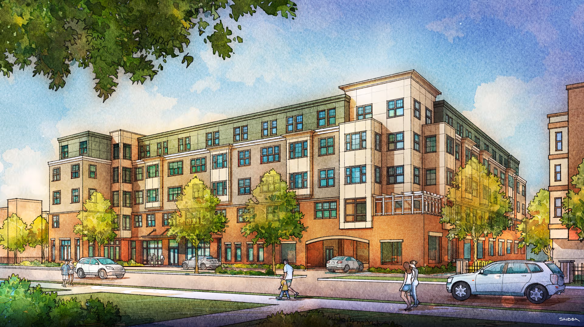 A multi-story senior living facility exterior with trees, cars, and pedestrians.