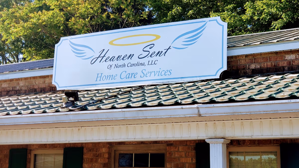 Sign reading Heaven Sent Home Care Services on brick building exterior