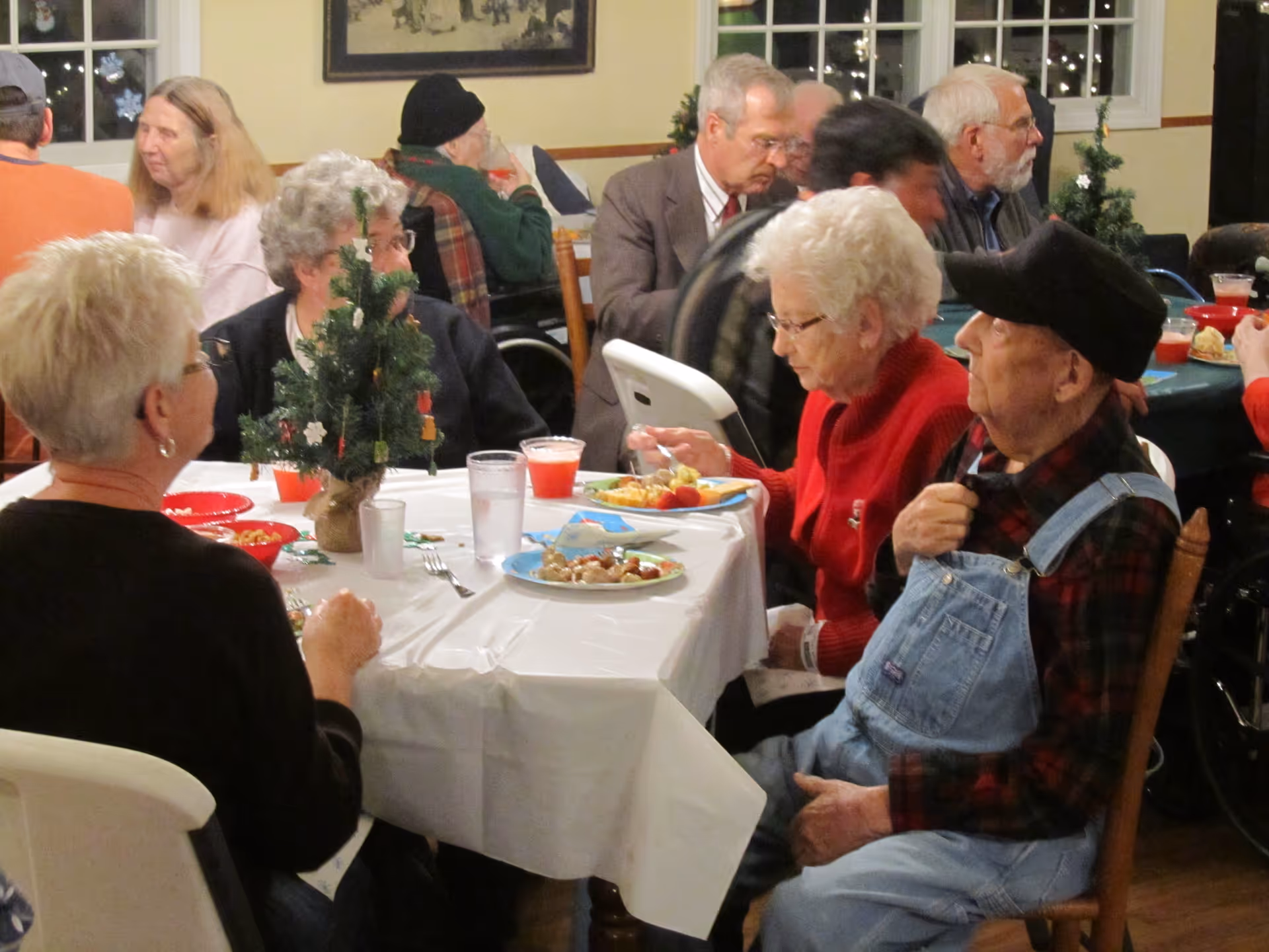A group of elderly people sitting around a table in a dining room, eating and socializing. The table is covered with a white tablecloth and has a small decorated Christmas tree as a centerpiece. Plates of food and drinks are visible on the table. The room has windows and framed pictures on the walls.