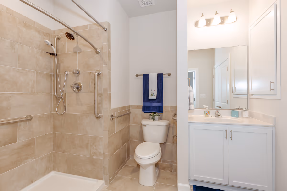 Accessible bathroom with tiled shower, grab bars, toilet, and sink vanity.