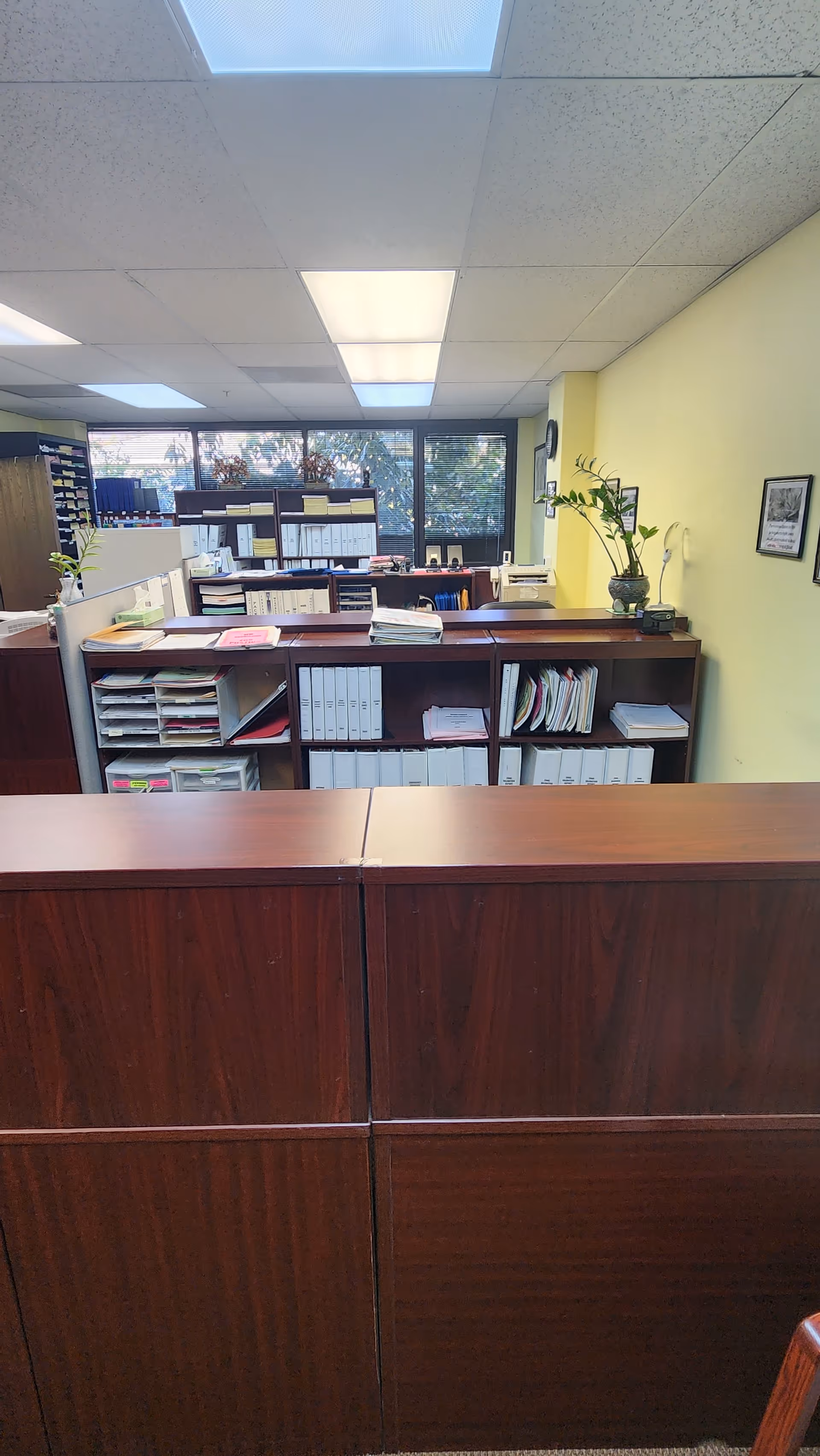 Office workspace with dark wood desks, shelves, and overhead fluorescent lights.