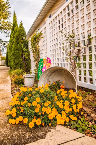 Outdoor walkway beside a building with yellow flowers and a welcome sign.