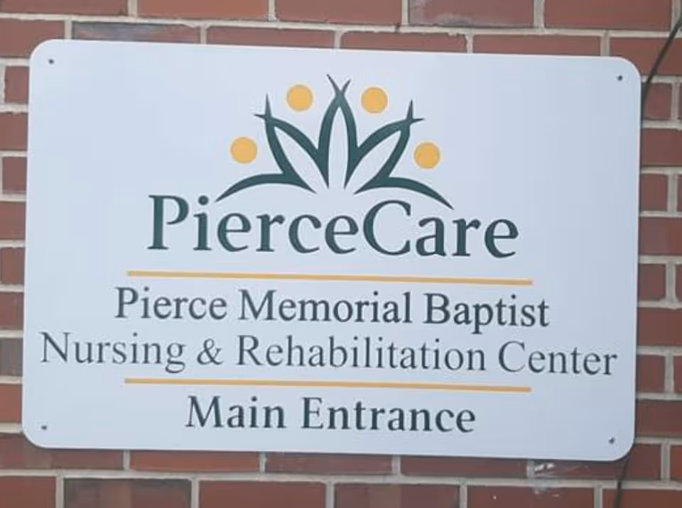 Sign on brick wall for PierceCare Nursing & Rehabilitation Center, Main Entrance.