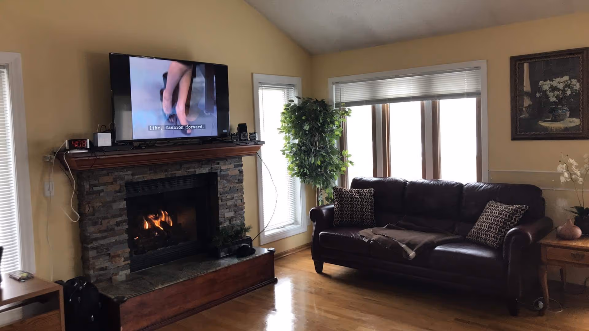 Cozy living room with a stone fireplace, mounted TV, leather sofa, and plants.