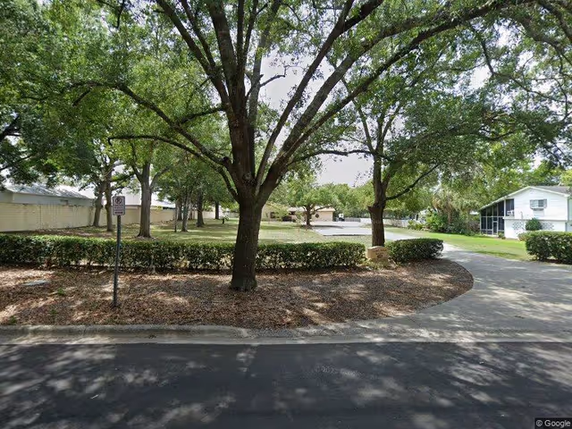 Tree-lined driveway and landscaped front lawn with hedges and residential buildings under large oak trees.