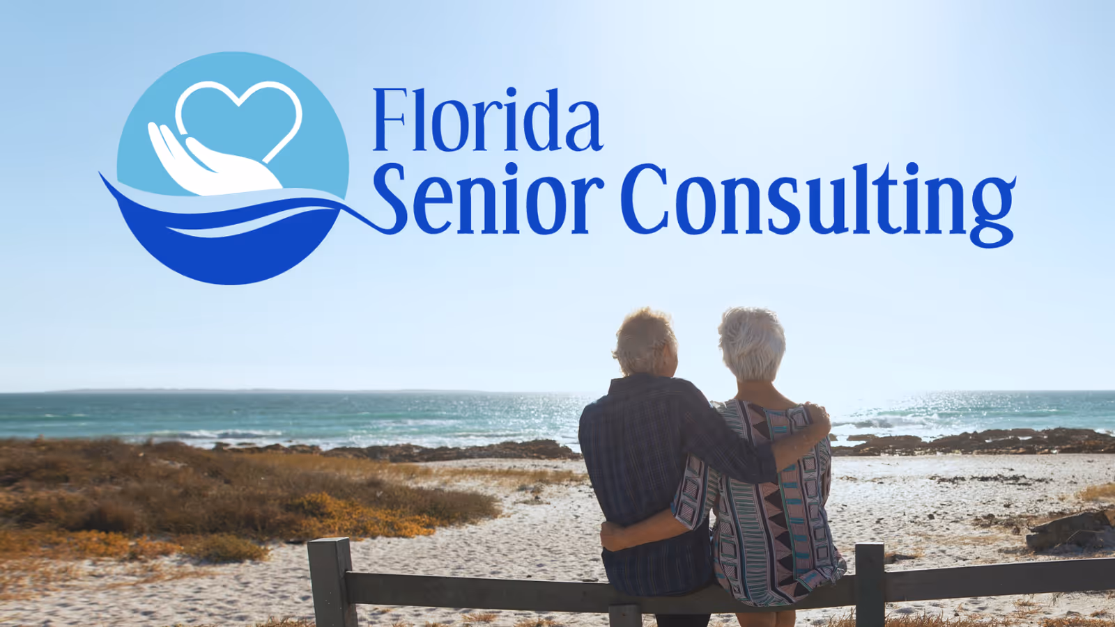 Two seniors sit on a bench by the ocean with a Florida Senior Consulting logo above.