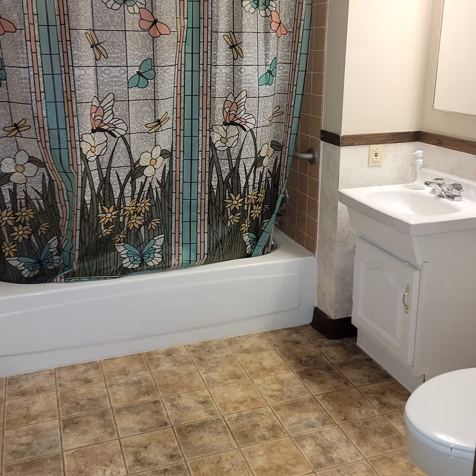 Bathroom features a butterfly-pattern shower curtain, sink, cabinet, and toilet in a senior living facility.
