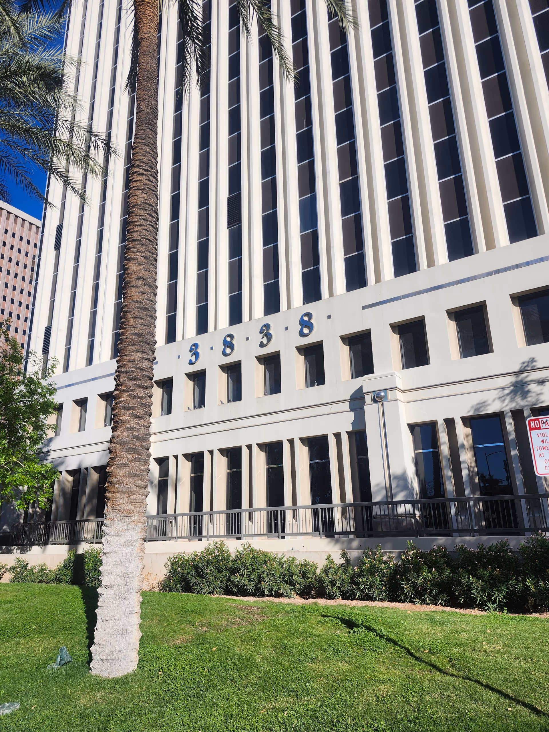 Tall modern building facade with vertical windows, a palm tree, and a manicured lawn.