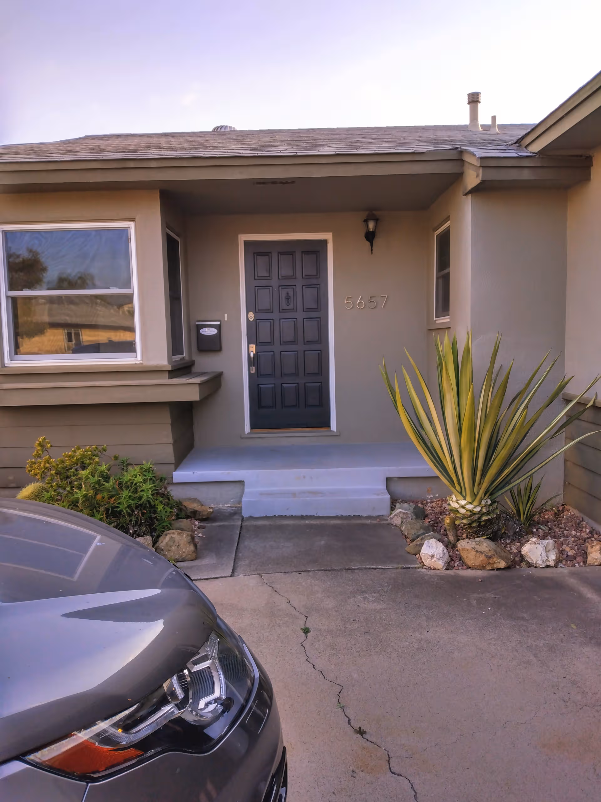 Front entrance of a single-story residence with a dark door, parked car, and spiky plants.
