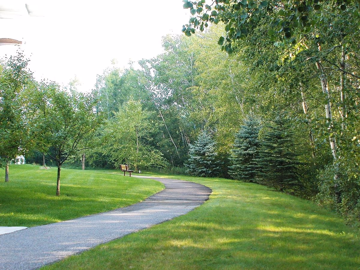 A winding paved pathway through a green grassy area with various trees and shrubs on both sides. There is a wooden bench along the path, and the scene is bright and sunny.