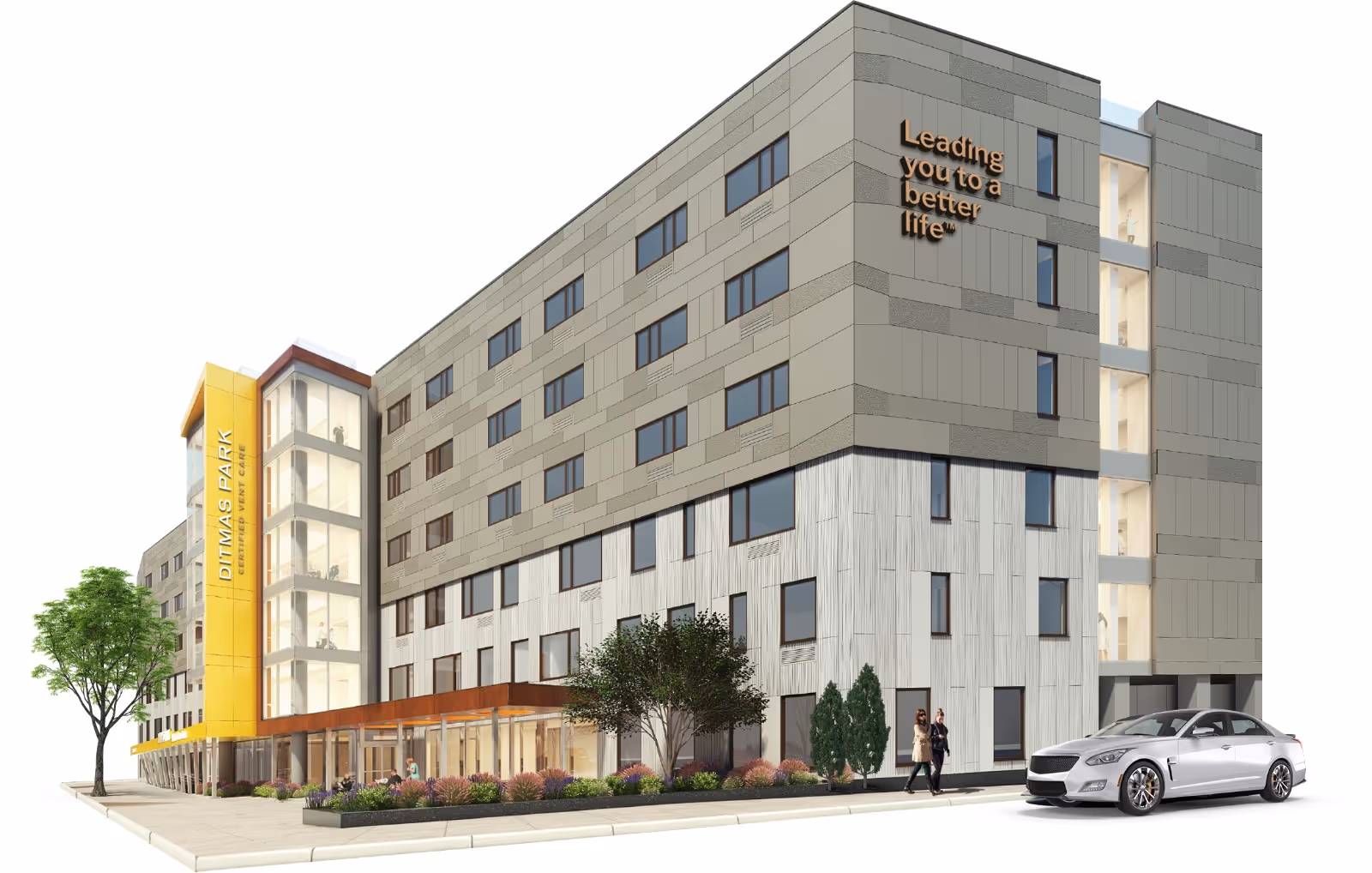 A modern, multi-story senior living building exterior with a yellow accent column.