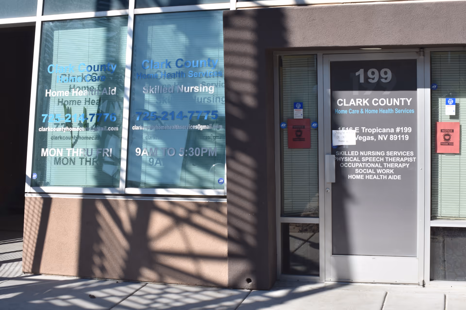 Exterior view of Clark County Home Care and Home Health Services building with glass windows.