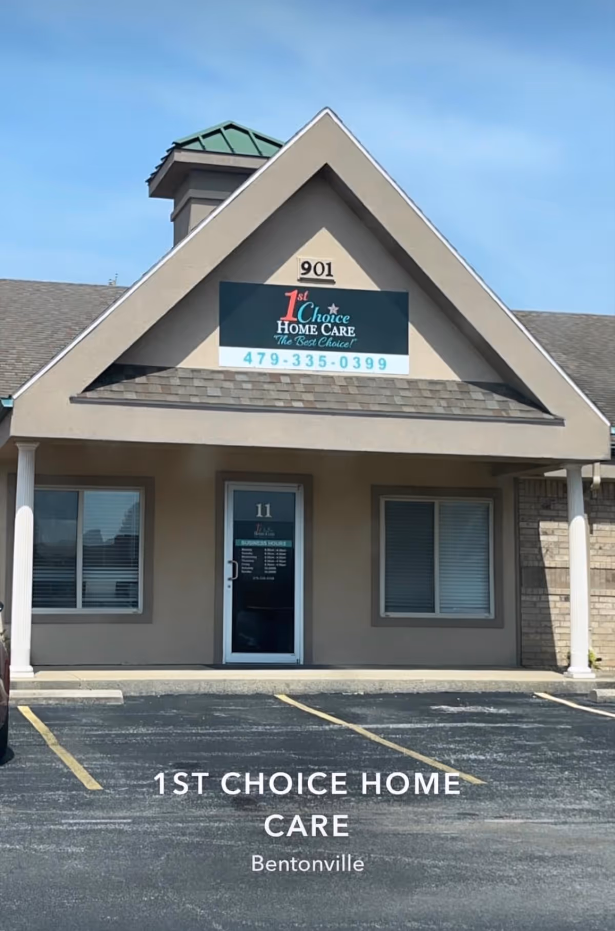 Front view of a beige senior care facility with 1st Choice Home Care sign
