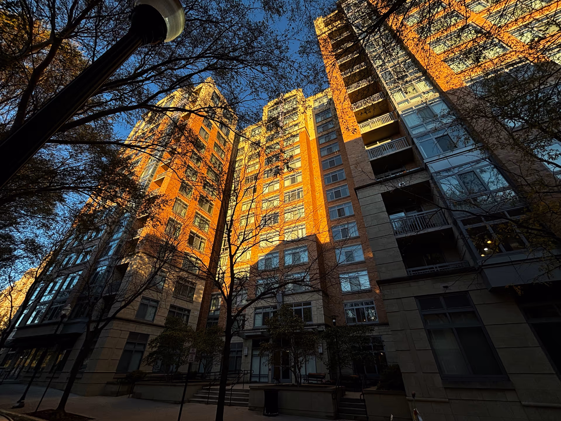 Low-angle view of a multi-story residential building with large windows and balconies, illuminated by warm sunlight with leafless trees and a streetlamp in the foreground.