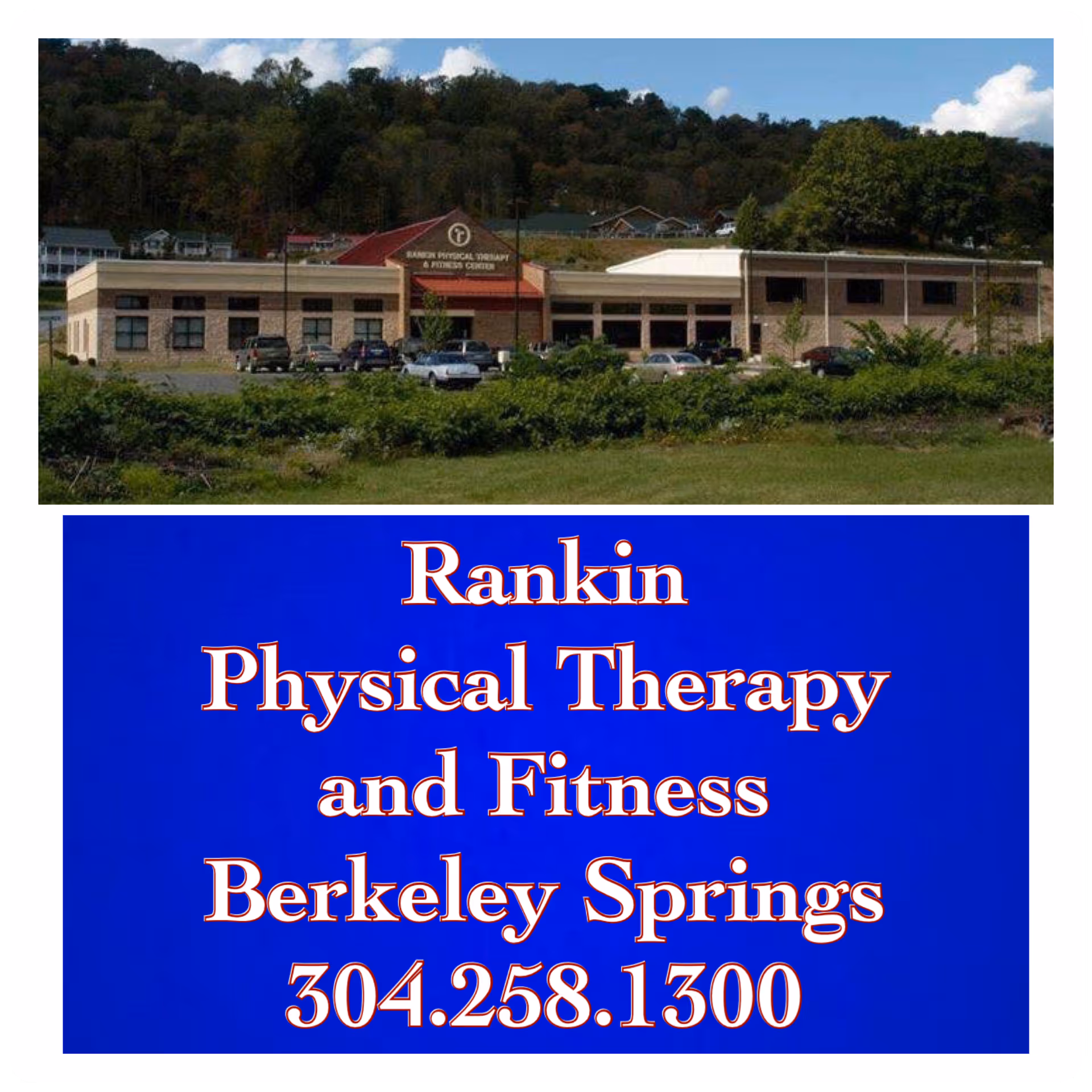 Exterior view of Rankin Rehabilitation facility with a large blue sign advertising physical therapy.