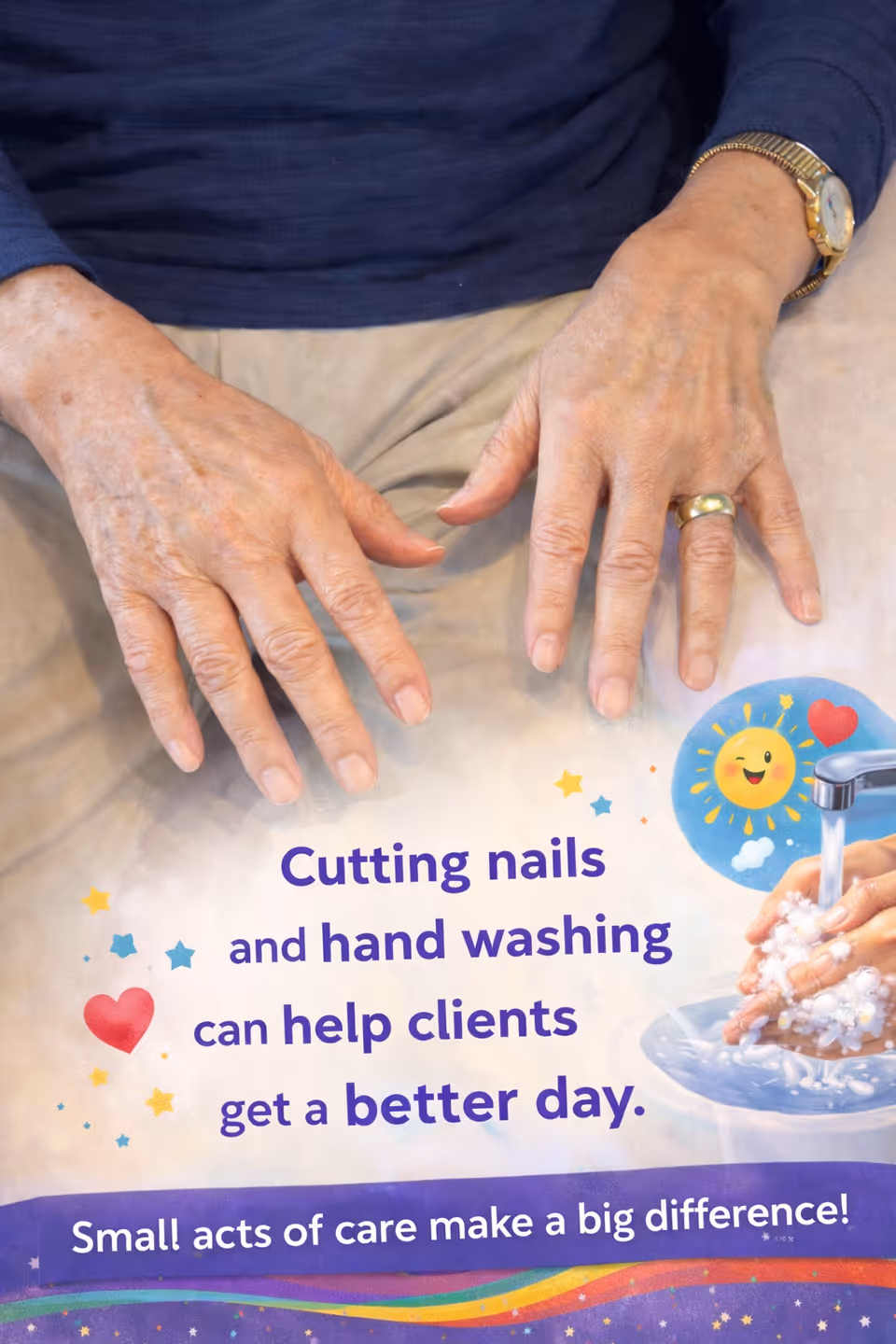 Close-up of elderly hands beside a colorful care poster in an interior setting